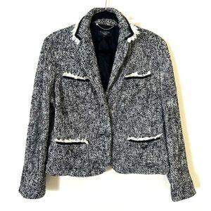 Talbot's Blazer Women's 14P Black White Boucle‎ Tweed Fringe Detail Button Front